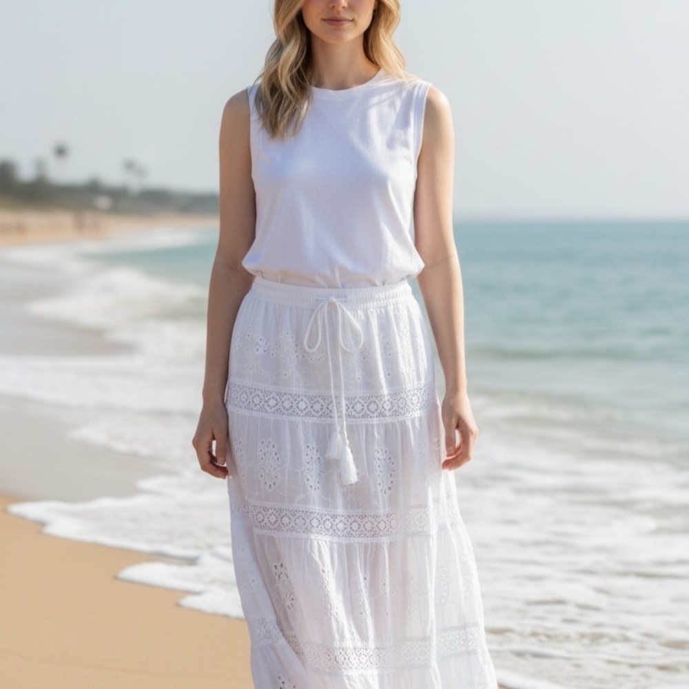 White Waves L/XL White Eyelet Maxi Skirt with Tassel Drawstring